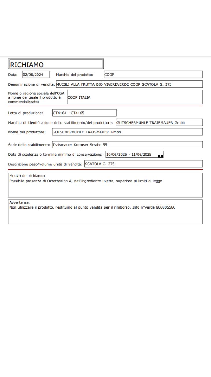 cereali lotti ritirati