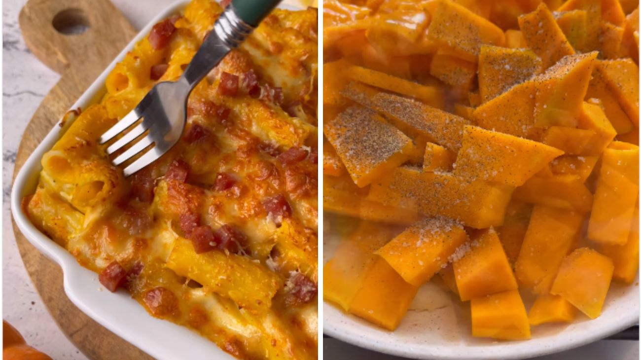 Dal profilo social di Valentina Previdi, pasta al forno con zucca, salsiccia e provola