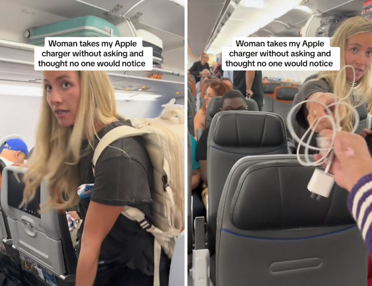 "Una donna ha rubato il mio caricabatterie e pensava non me ne sarei accorto", è l'accusa del passeggero.