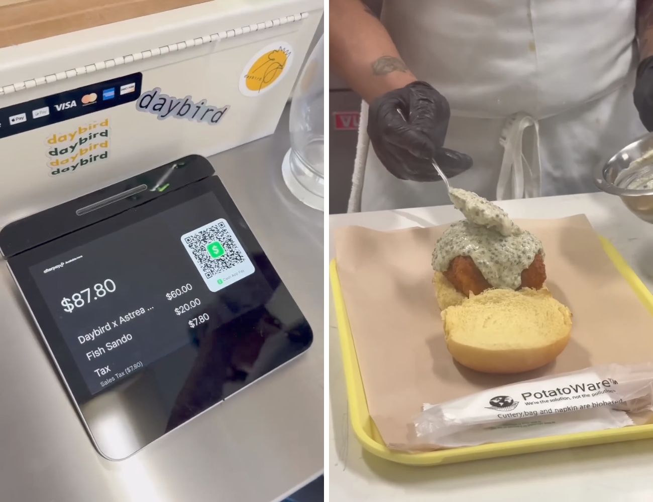 Il panino con pesce da 80€ (quasi 90 dollari statunitensi) mentre viene preparato (e pagato).