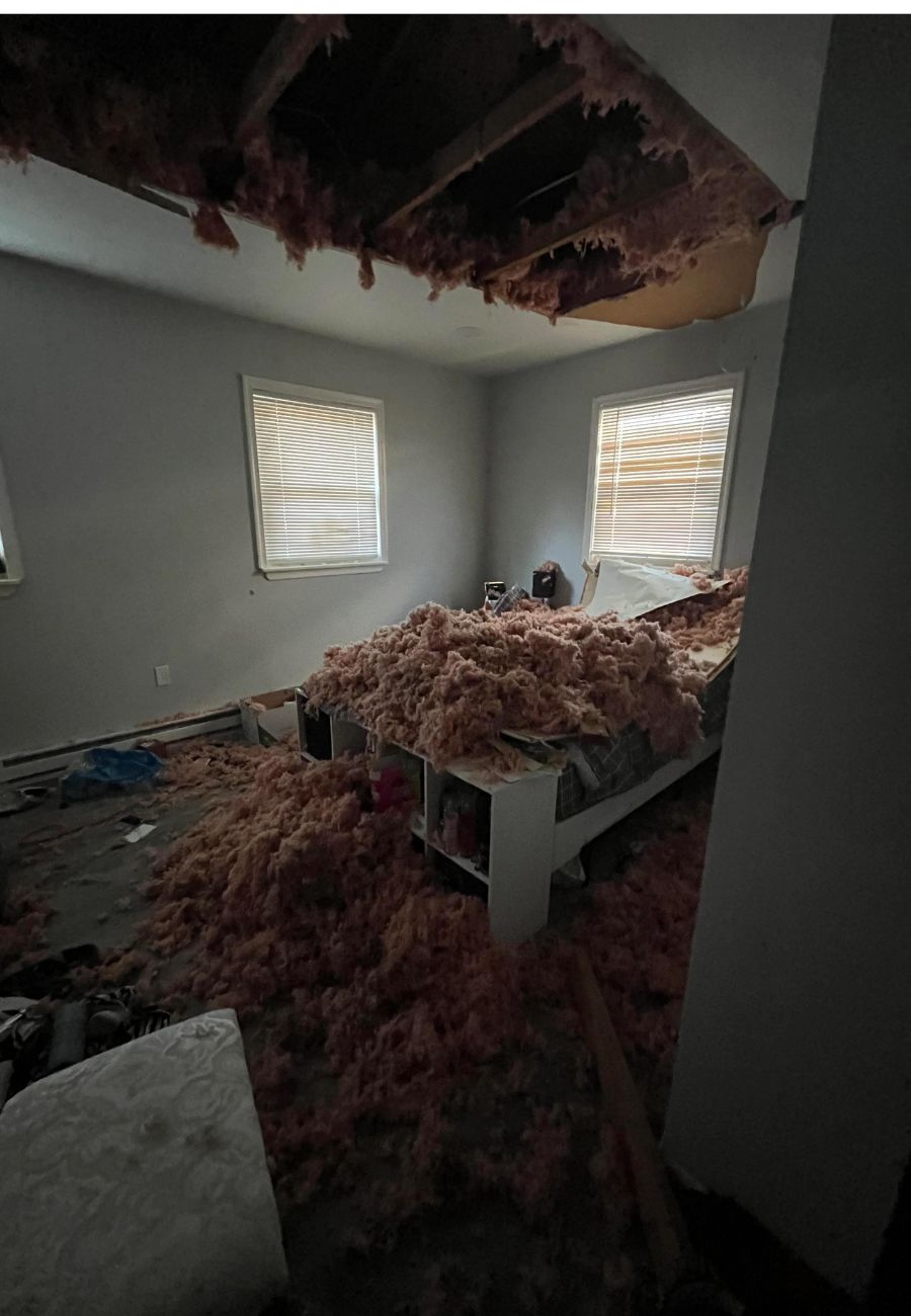 Immaginare tornare da lavoro e trovare il soffitto della stanza da letto collassato.