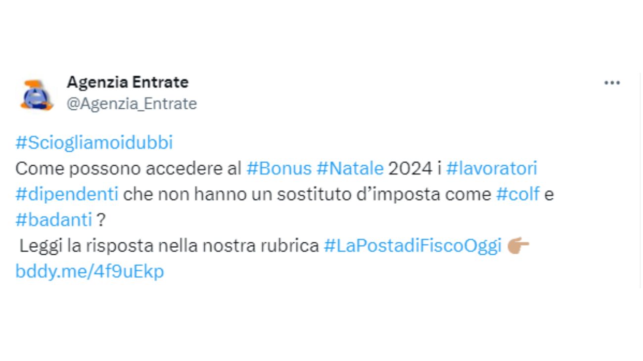 Bonus Natale Agenzia delle Entrate