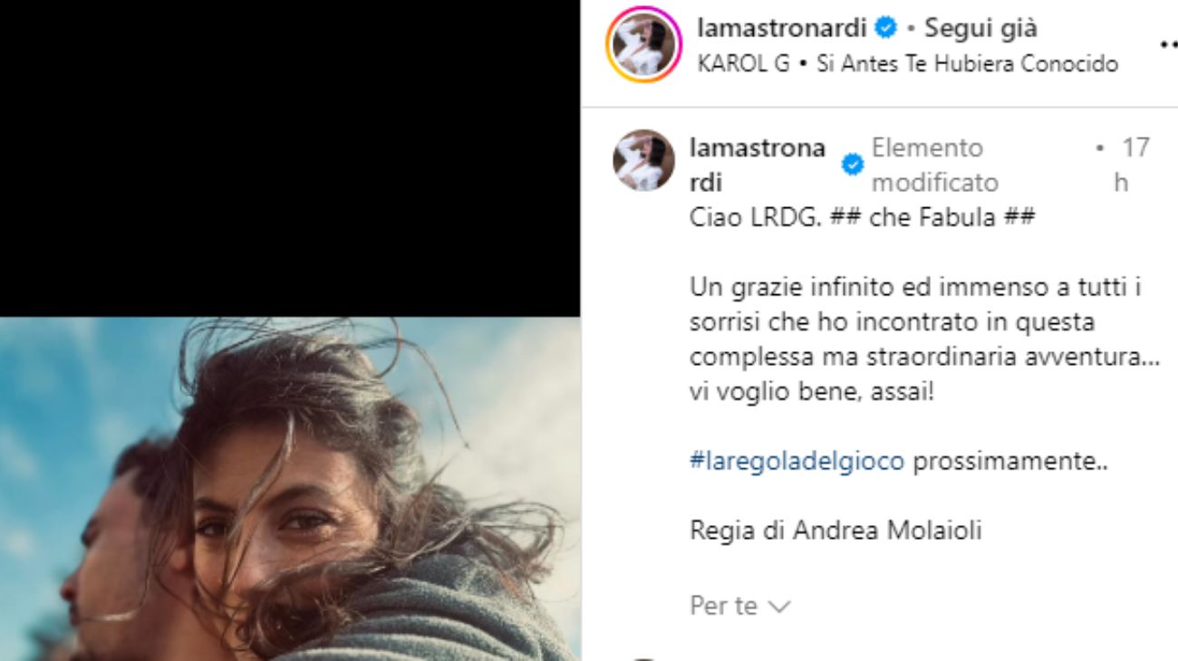 Dal profilo social di Alessandra Mastronardi, la dedica per il cast di La regola del gioco