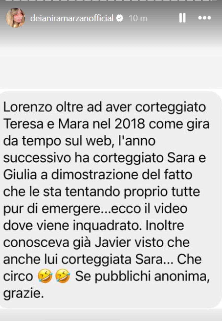 Dal profilo social di Deianira Marzano, l'indiscrezione su Lorenzo e Javier