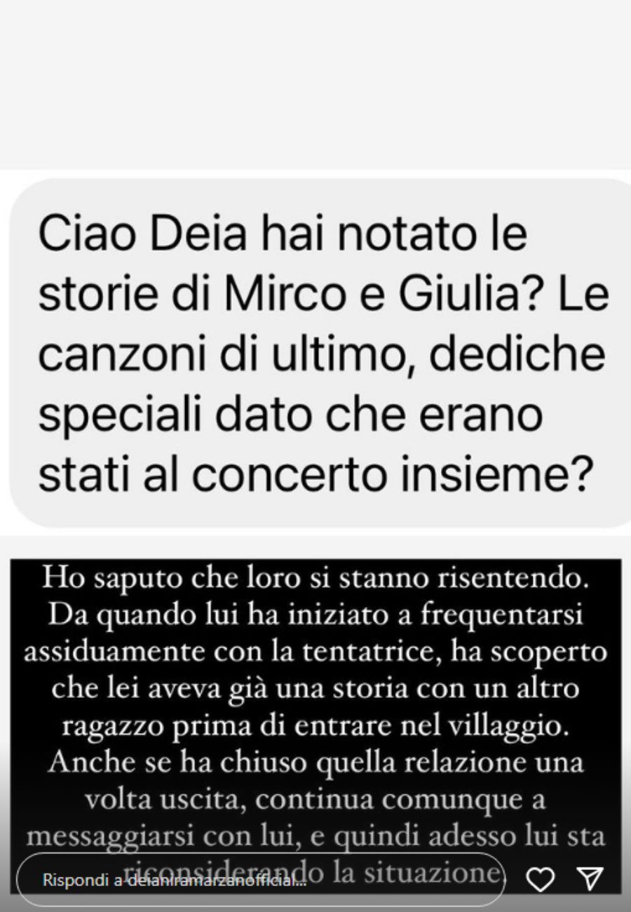 Dal profilo social di Deianira Marzano, l'indiscrezione su Mirco e Giulia