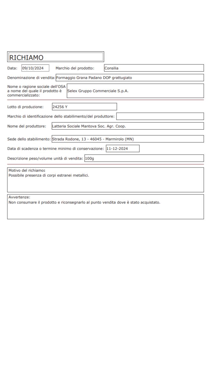 Ministero della Salute Formaggio