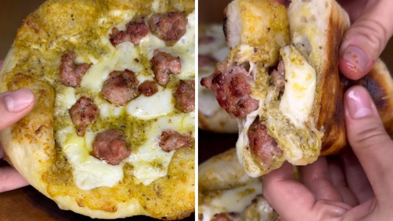 Pizzette primo sale, pesto di pistacchi e salsiccia Fonte social