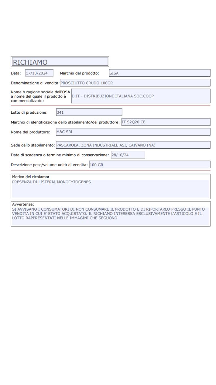 Prosciutto ritirate confezioni supermercati