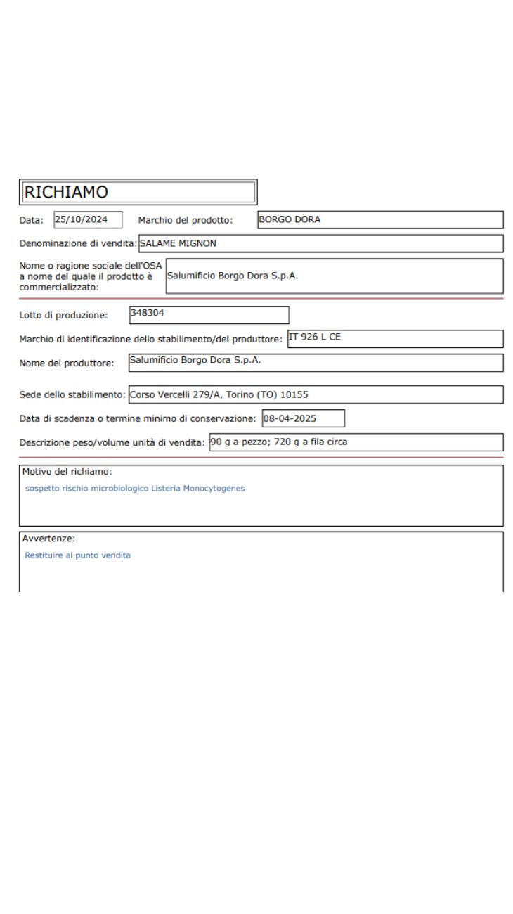 Salame allarme listeria richiamo modello numero 2