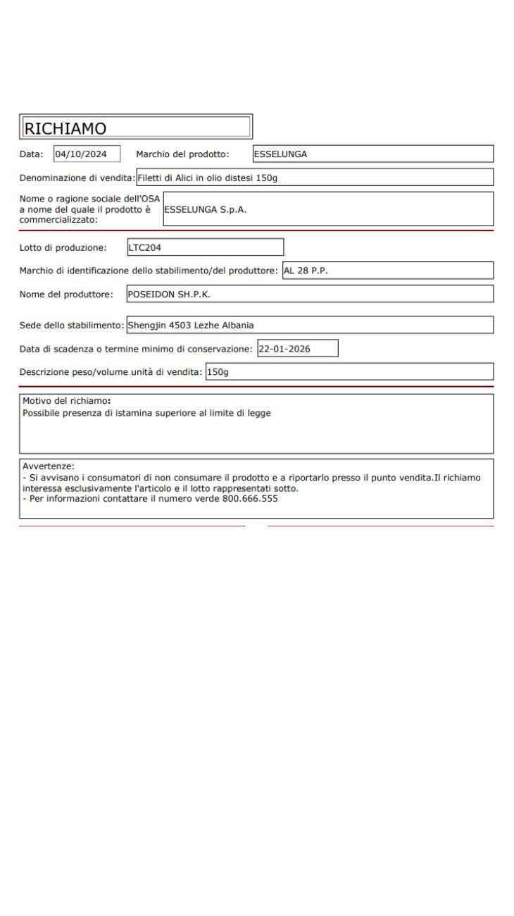 Pesce confezioni ritirate nuovo lotto