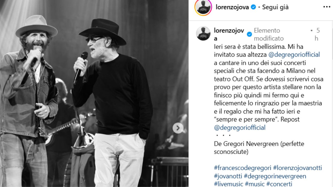 Dal profilo social di Jovanotti, la dedica per Francesco De Gregori