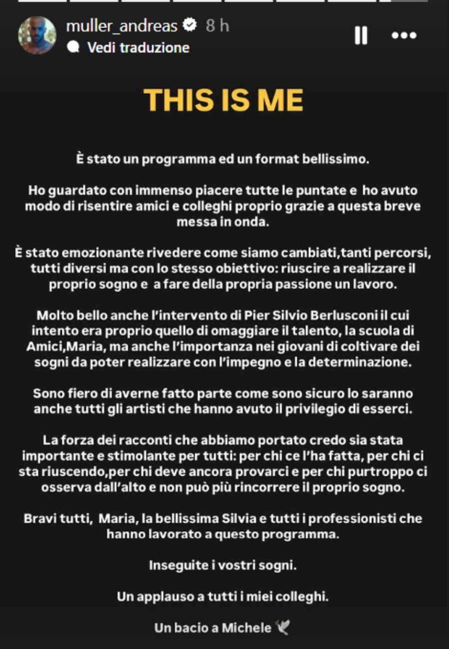 Dal profilo social di Andreas Muller, le sue parole dopo This is me