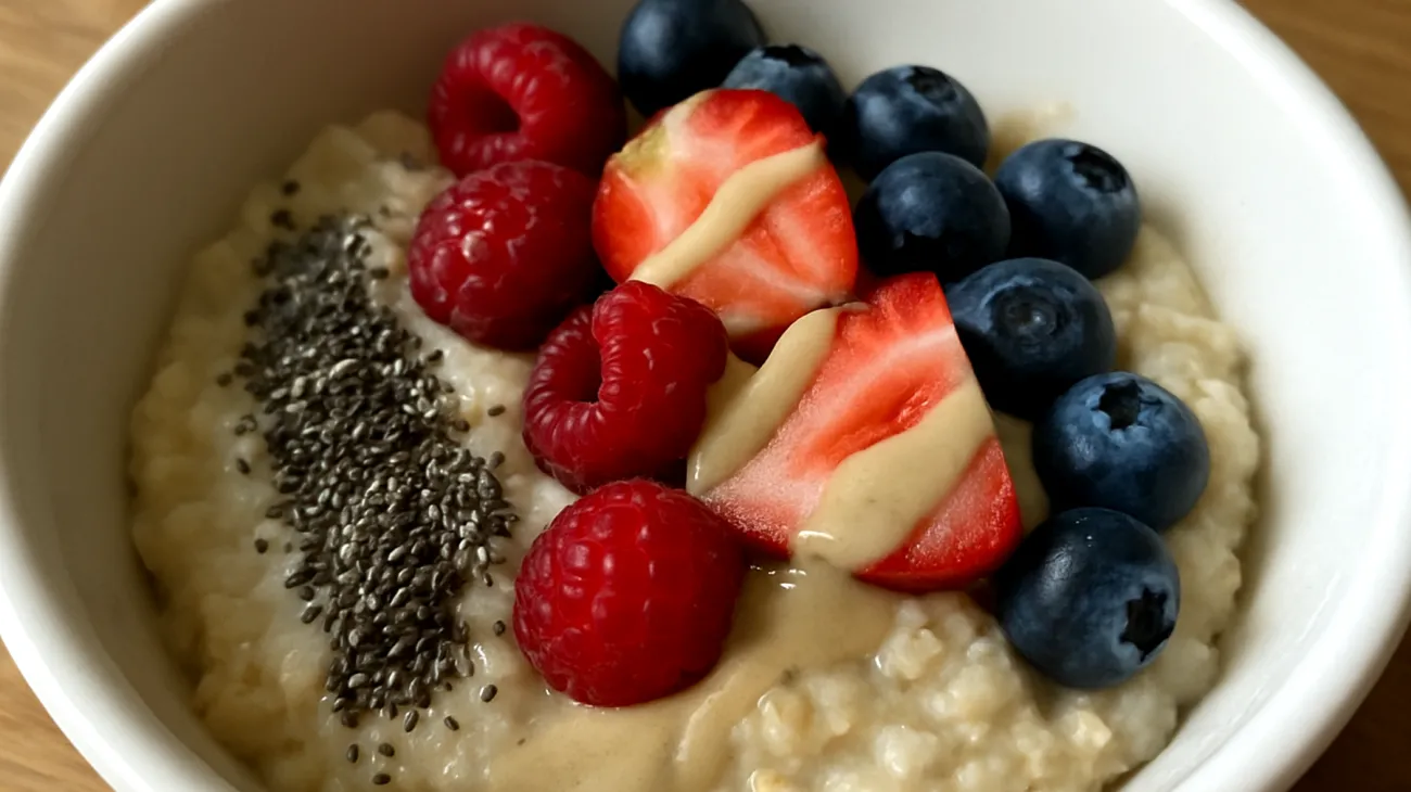 Porridge di avena con semi di chia, frutti di bosco e tahini"