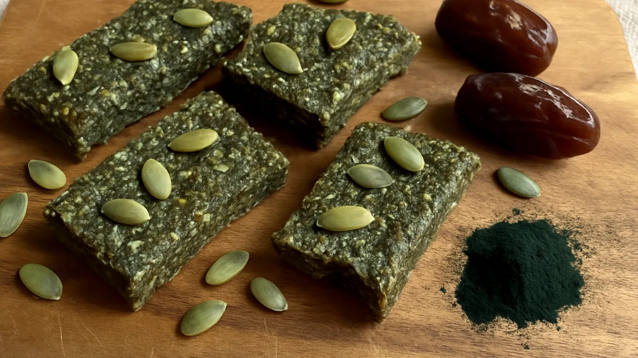 Barrette energetiche fatte in casa con semi di zucca, datteri e spirulina"