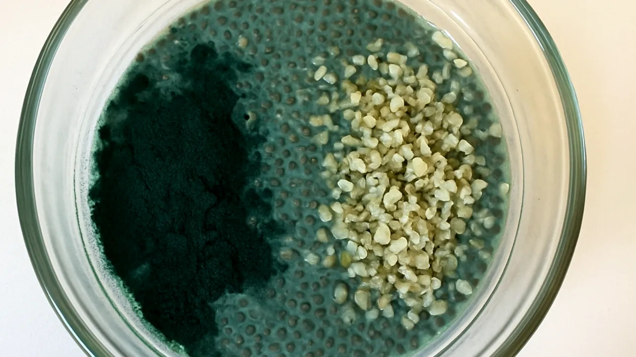 Budino di chia con spirulina e semi di canapa"