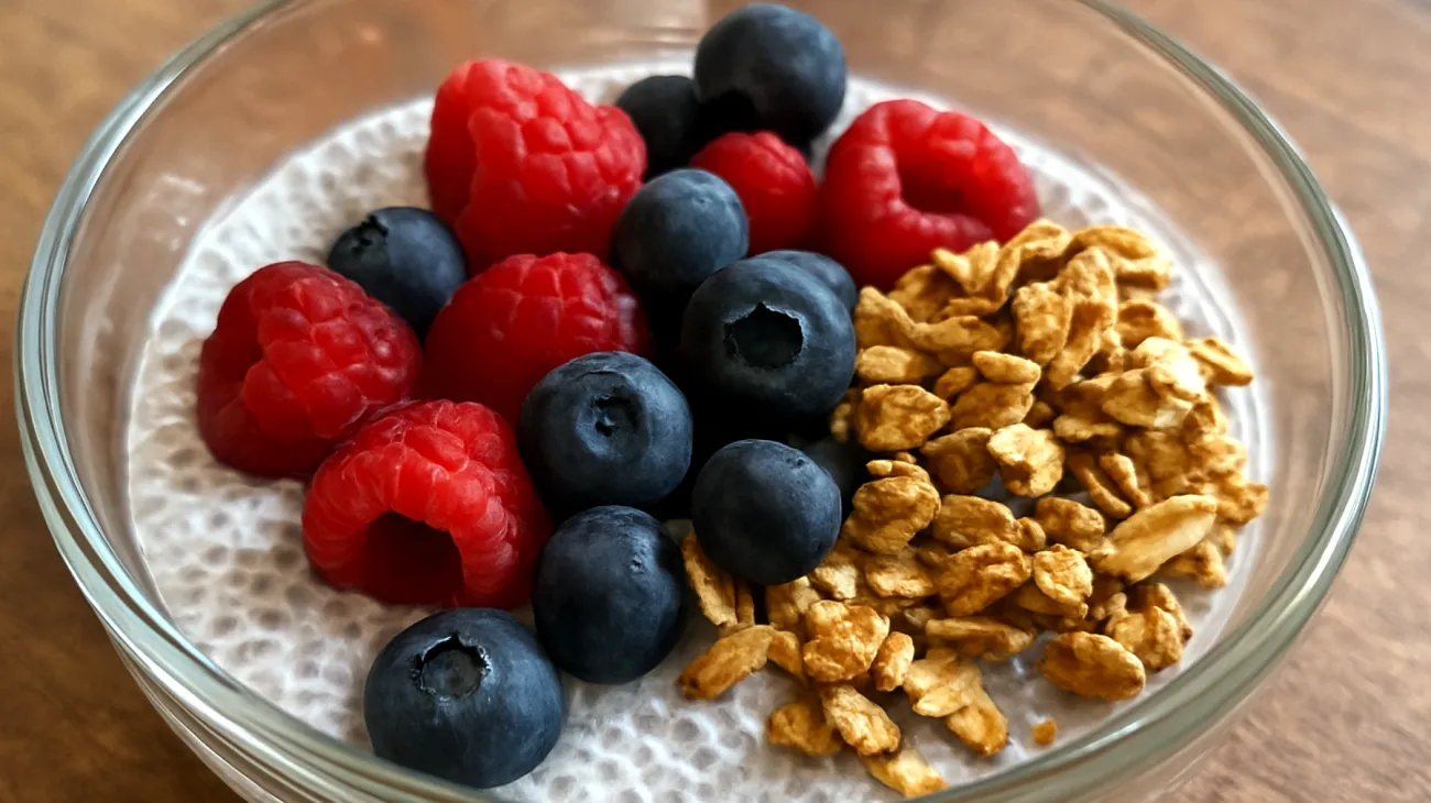 Budino di semi di chia con latte di mandorla, frutti rossi e granola di avena"