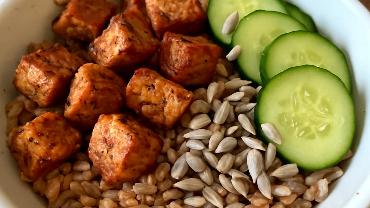 Insalata di farro con tempeh marinato, cetrioli e semi di girasole"
