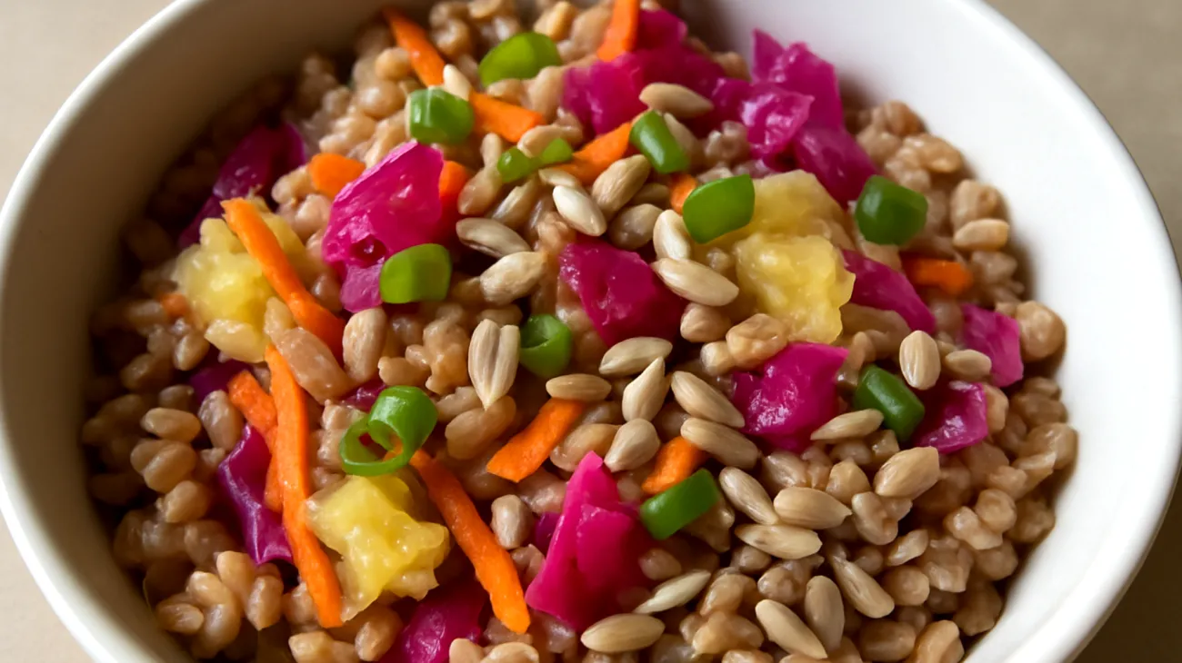 Insalata di farro con verdure fermentate e semi di girasole"