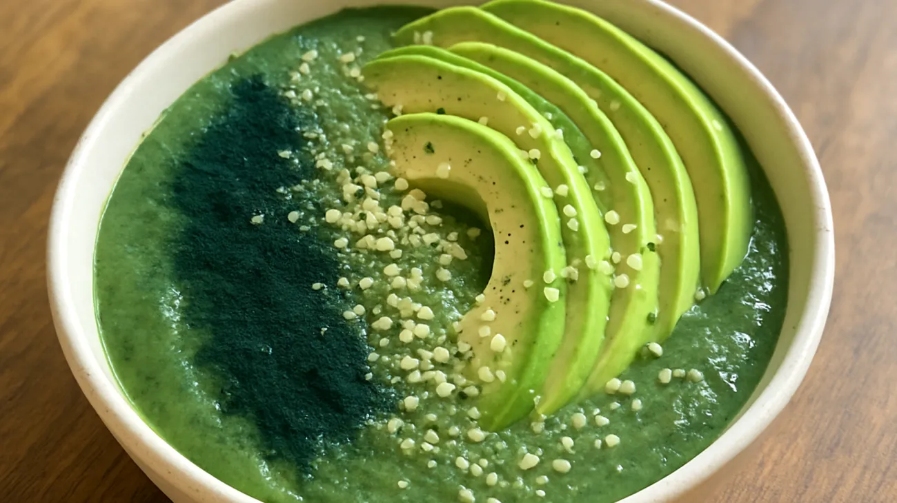 Smoothie bowl con avocado, spirulina e semi di canapa"