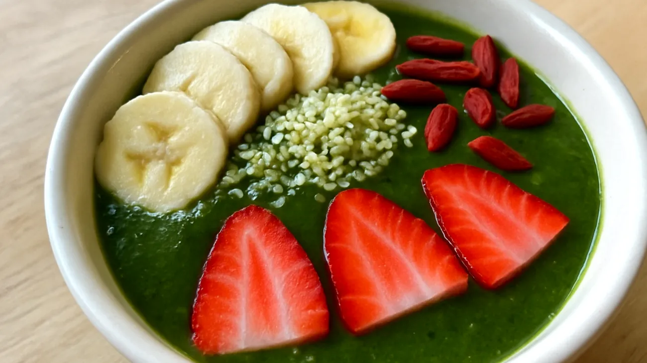 Smoothie bowl con spirulina, semi di canapa e bacche di goji"