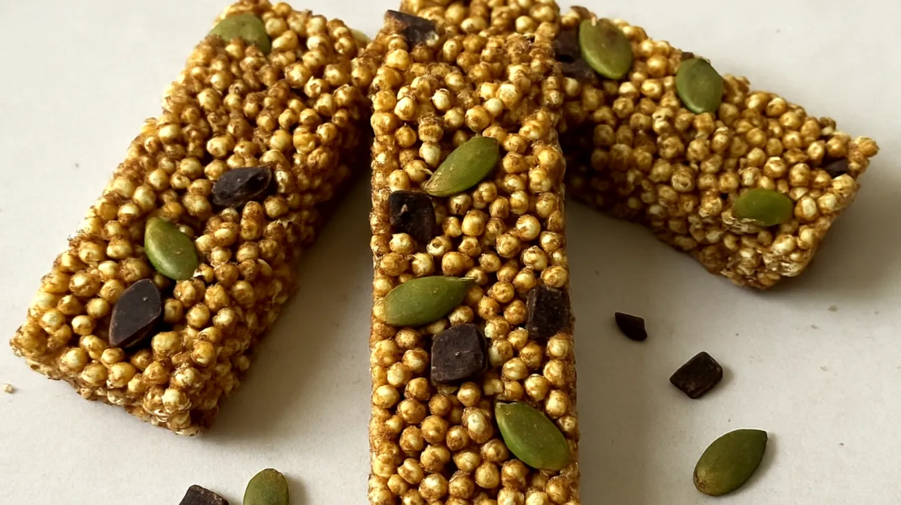 Barrette di quinoa soffiata con semi di zucca e cacao crudo"