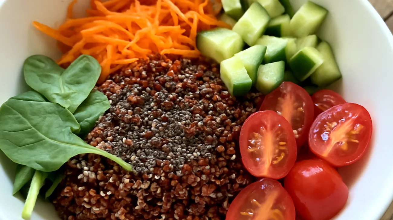 Insalata di quinoa rossa con semi di chia e verdure crude"