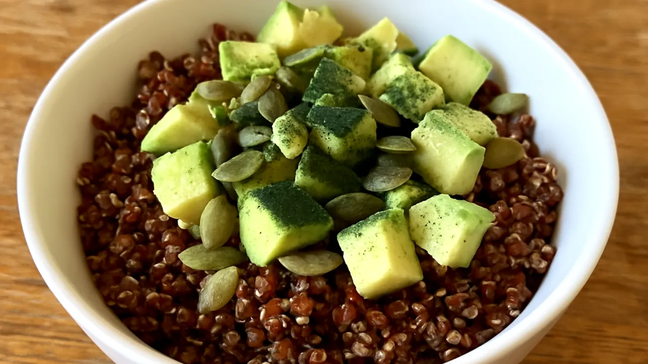 Insalata di quinoa rossa con semi di zucca, avocado e spirulina"
