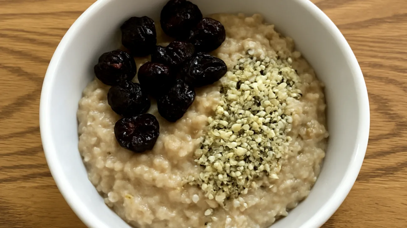 Porridge di avena con semi di canapa e ciliegie essiccate"