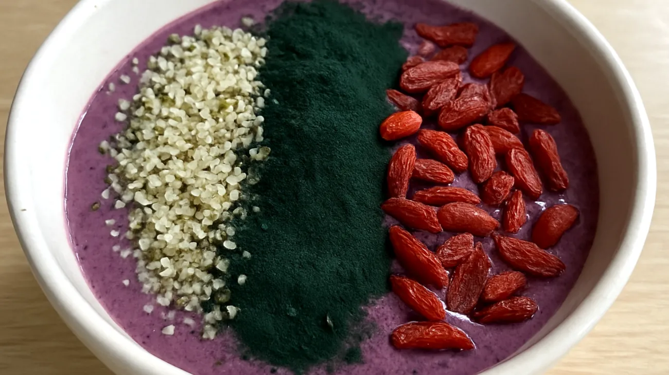 Smoothie bowl con semi di canapa, spirulina e bacche di goji"