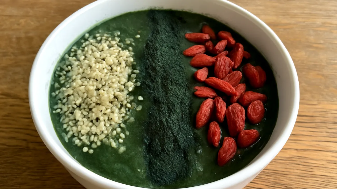 Smoothie bowl con semi di canapa, spirulina e bacche di goji"