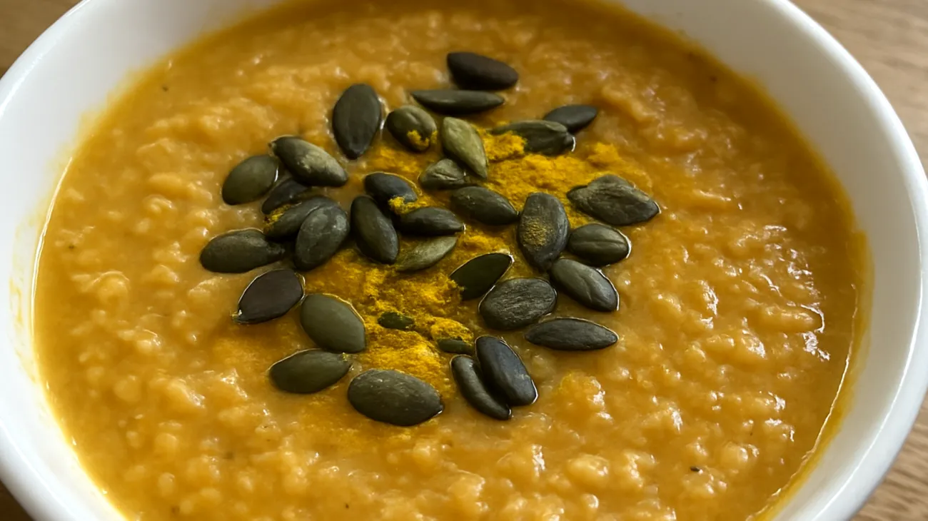 Zuppa di lenticchie rosse con semi di zucca e curcuma"