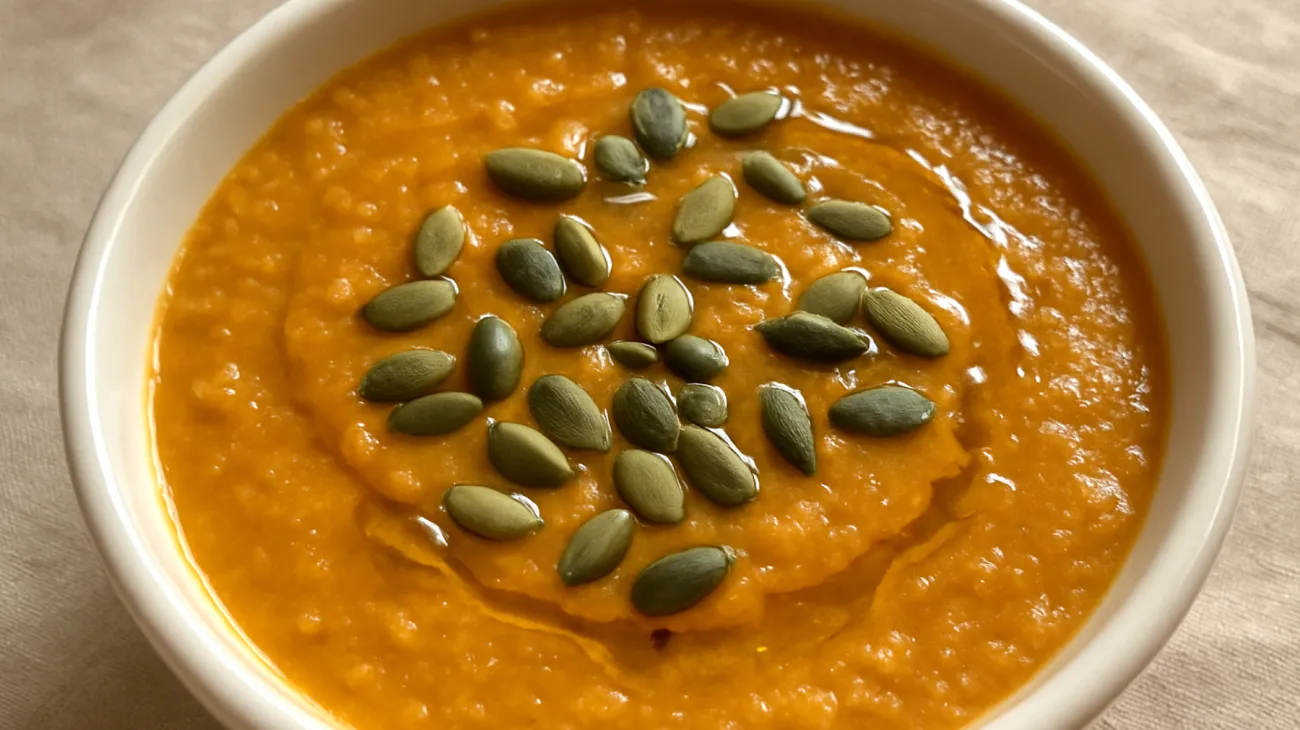 Zuppa di lenticchie rosse con semi di zucca e olio di argan"