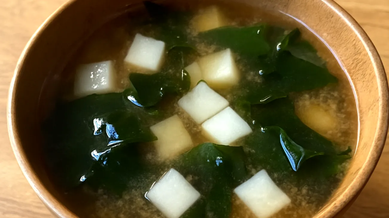 Zuppa di miso con alghe wakame e daikon"
