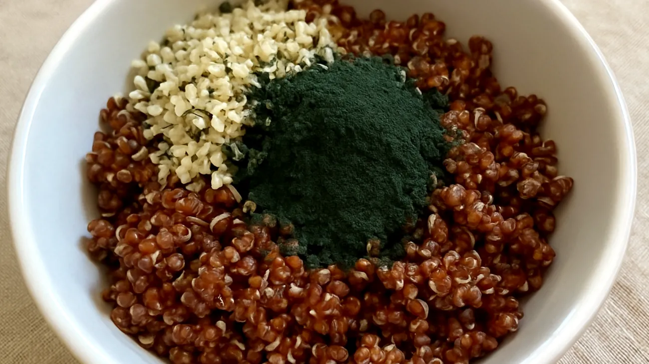 Bowl di quinoa rossa con semi di canapa e spirulina"
