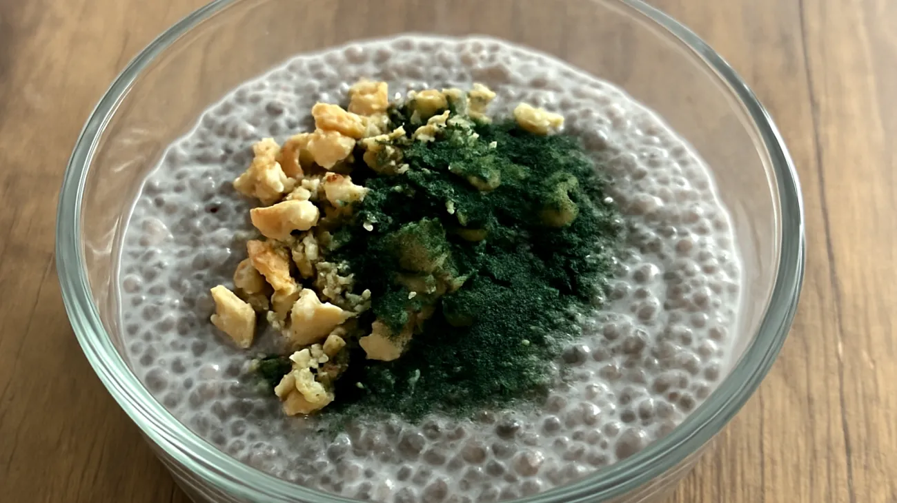 Budino di semi di chia con spirulina e noci"