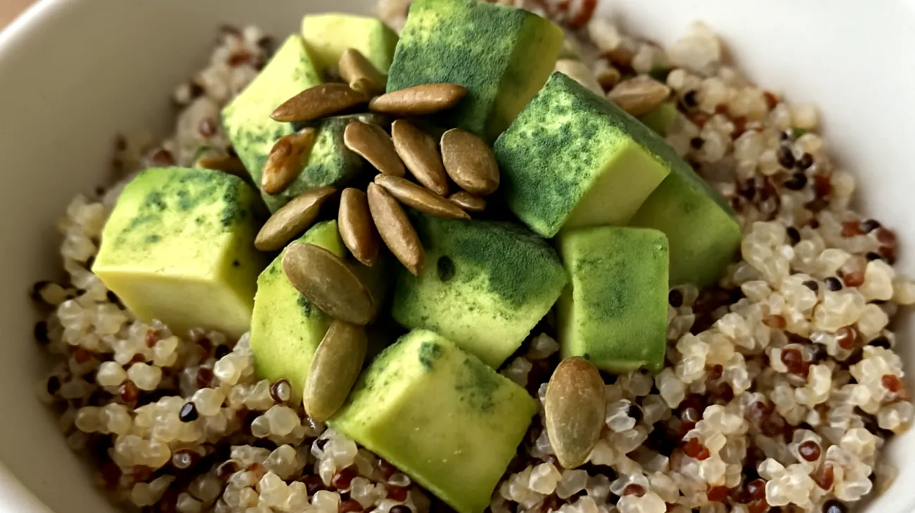Insalata di quinoa con semi di zucca, avocado e spirulina"