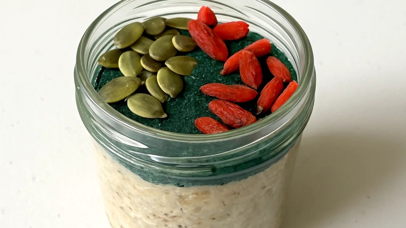 Overnight oats con semi di zucca, spirulina e bacche di goji"
