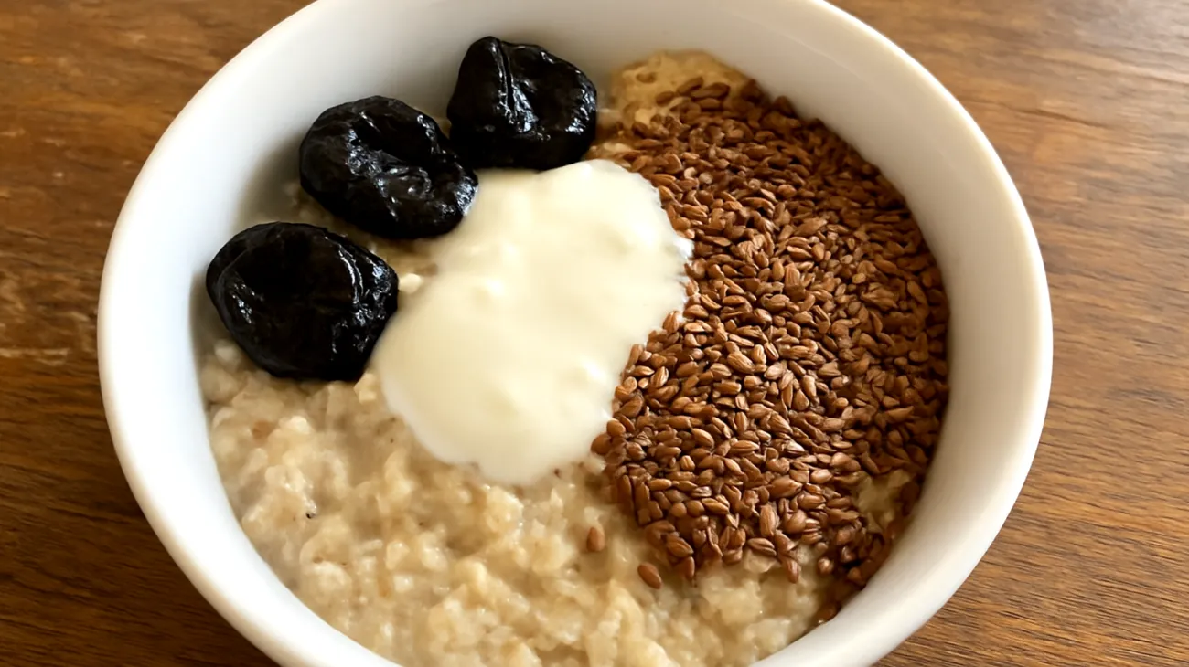 Porridge di avena con semi di lino, prugne secche e kefir di cocco"