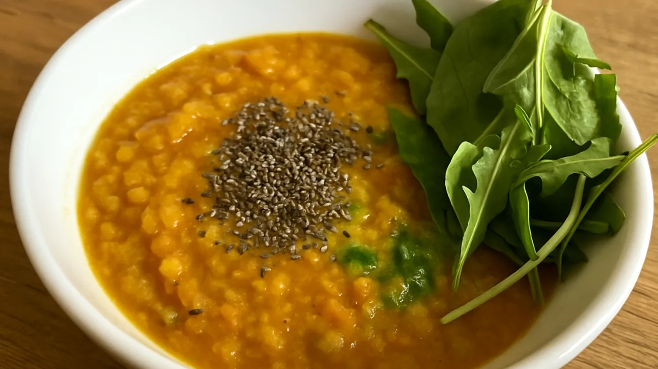 Zuppa di lenticchie rosse con semi di chia e verdure a foglia verde"
