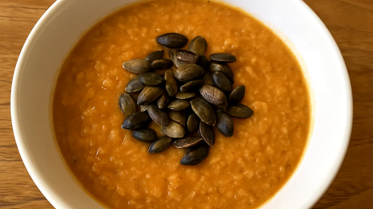 Zuppa di lenticchie rosse decorticate con semi di zucca tostati"